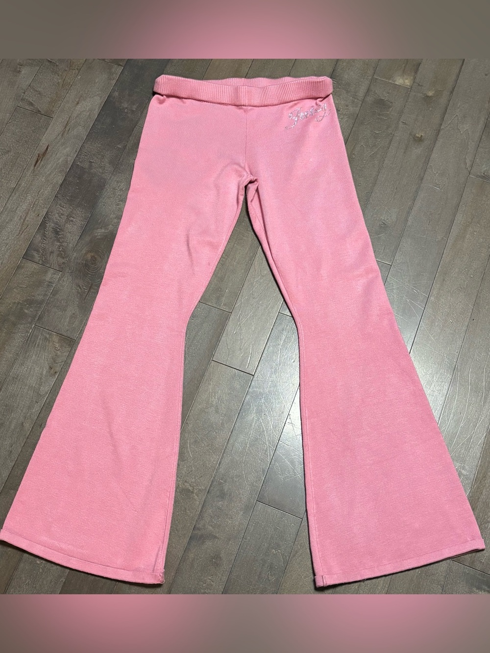 Juicy Couture Y2K Pink Foldover Flare Pants Rhinestone Logo Women’s M